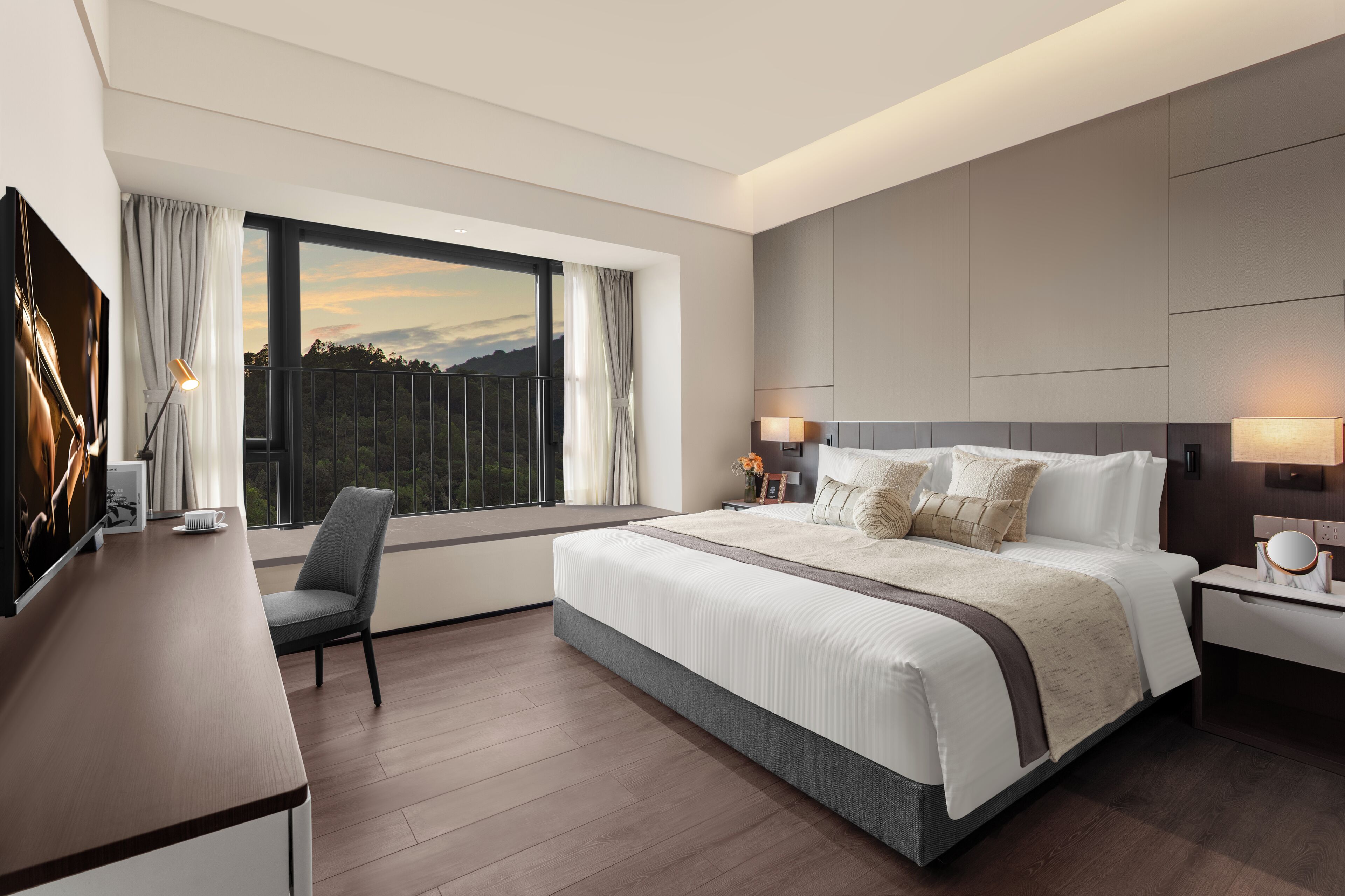 A modern hotel room with a large bed, a desk, a chair, a TV, and a window with curtains.