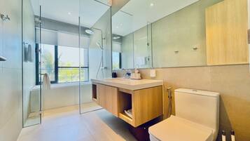 Shower, hair dryer, bidet, towels