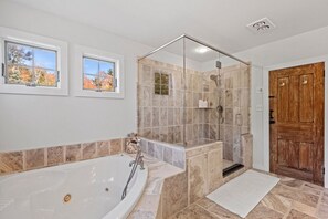 Hair dryer, towels, soap, shampoo