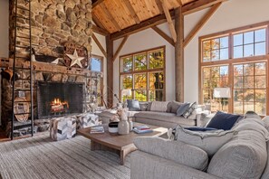 Smart TV, fireplace, books