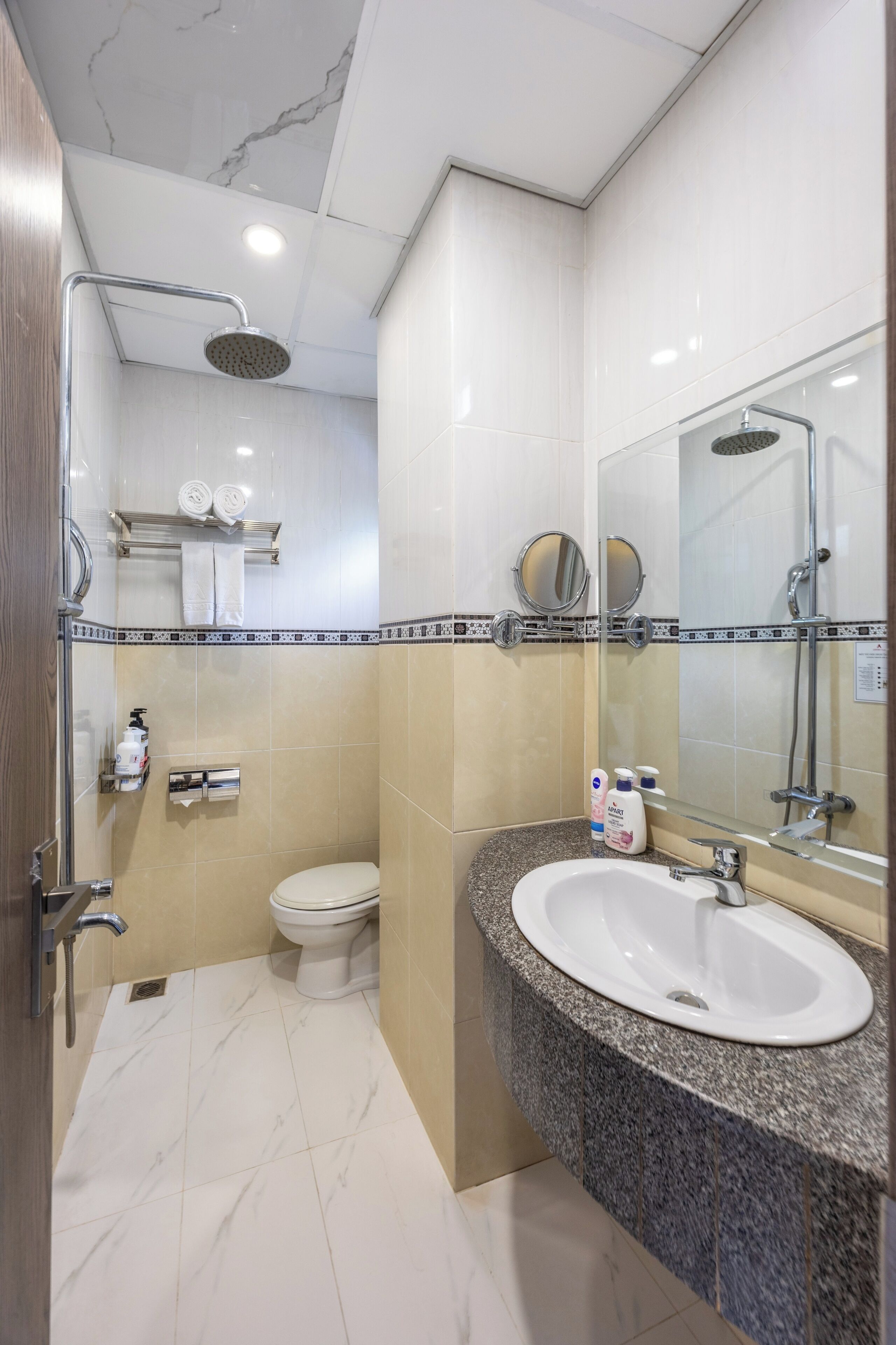 A modern bathroom with a shower, toilet, and sink, featuring marble tiles and a granite countertop.