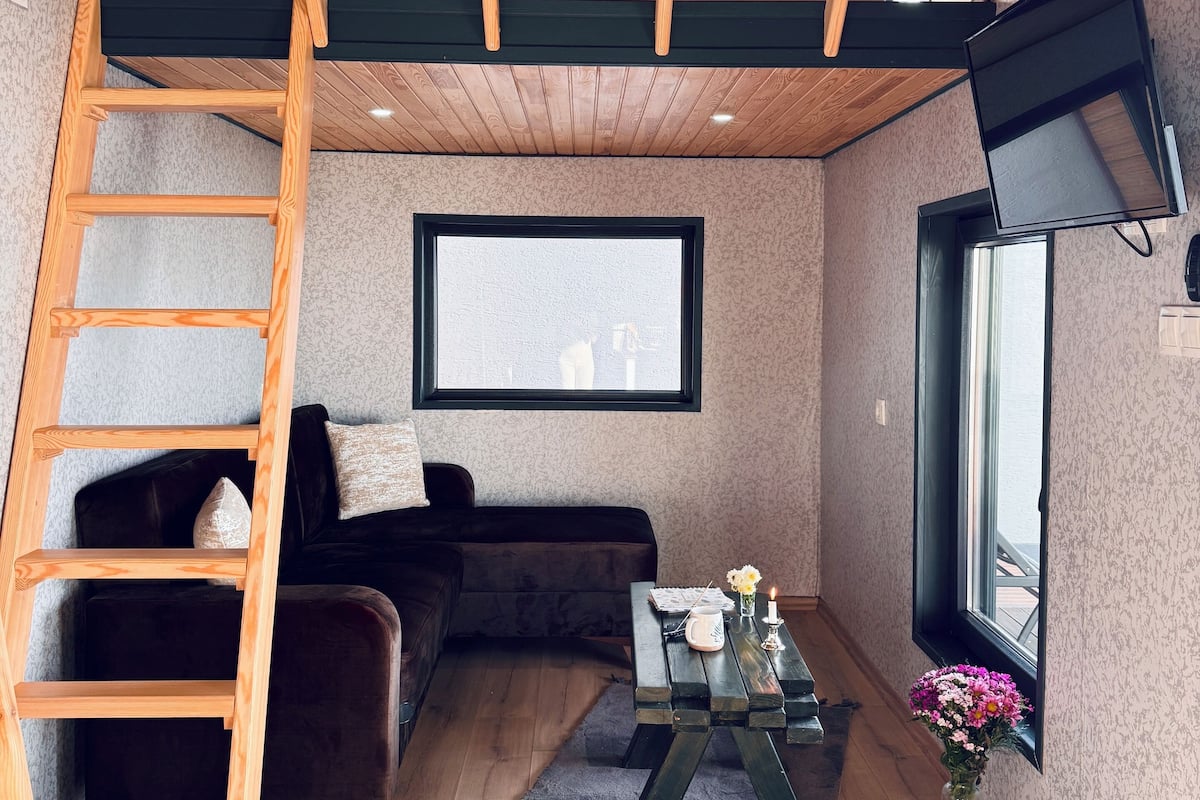 Una habitación acogedora con cama en altillo, una escalera de madera, un sofá oscuro, una mesita con un jarrón de flores y una ventana con vistas.