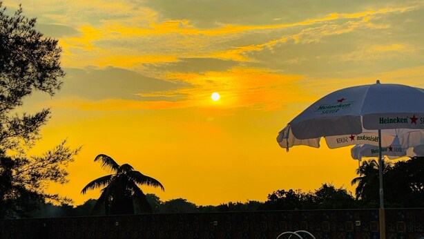 A sunset over a swimming pool with a Heineken umbrella and palm trees. - Nazri Hotel (Arambol)