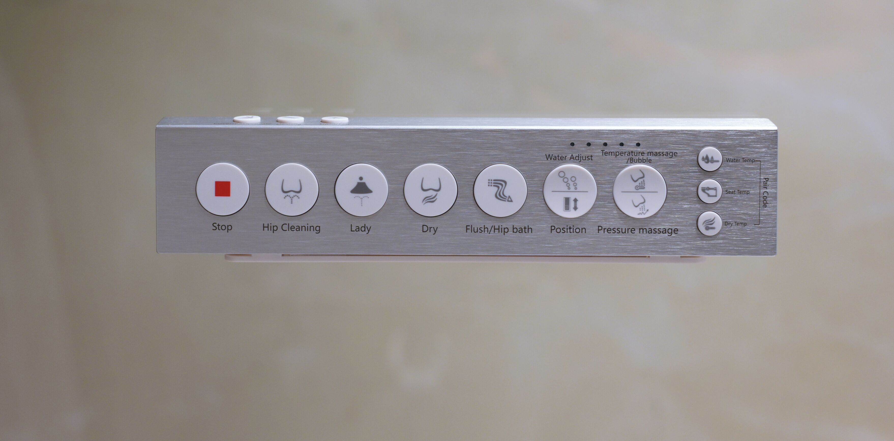 A control panel with various massage settings including options for water temperature, pressure, and different massage techniques.
