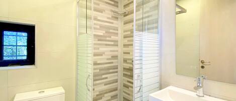 Shower, hair dryer, towels