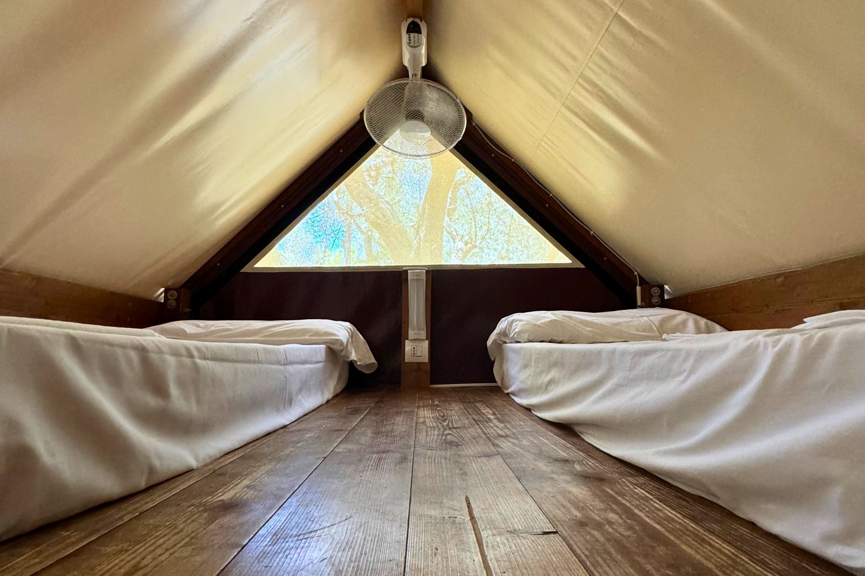A tent with two beds, a ceiling fan, and a view of trees through a triangular window.