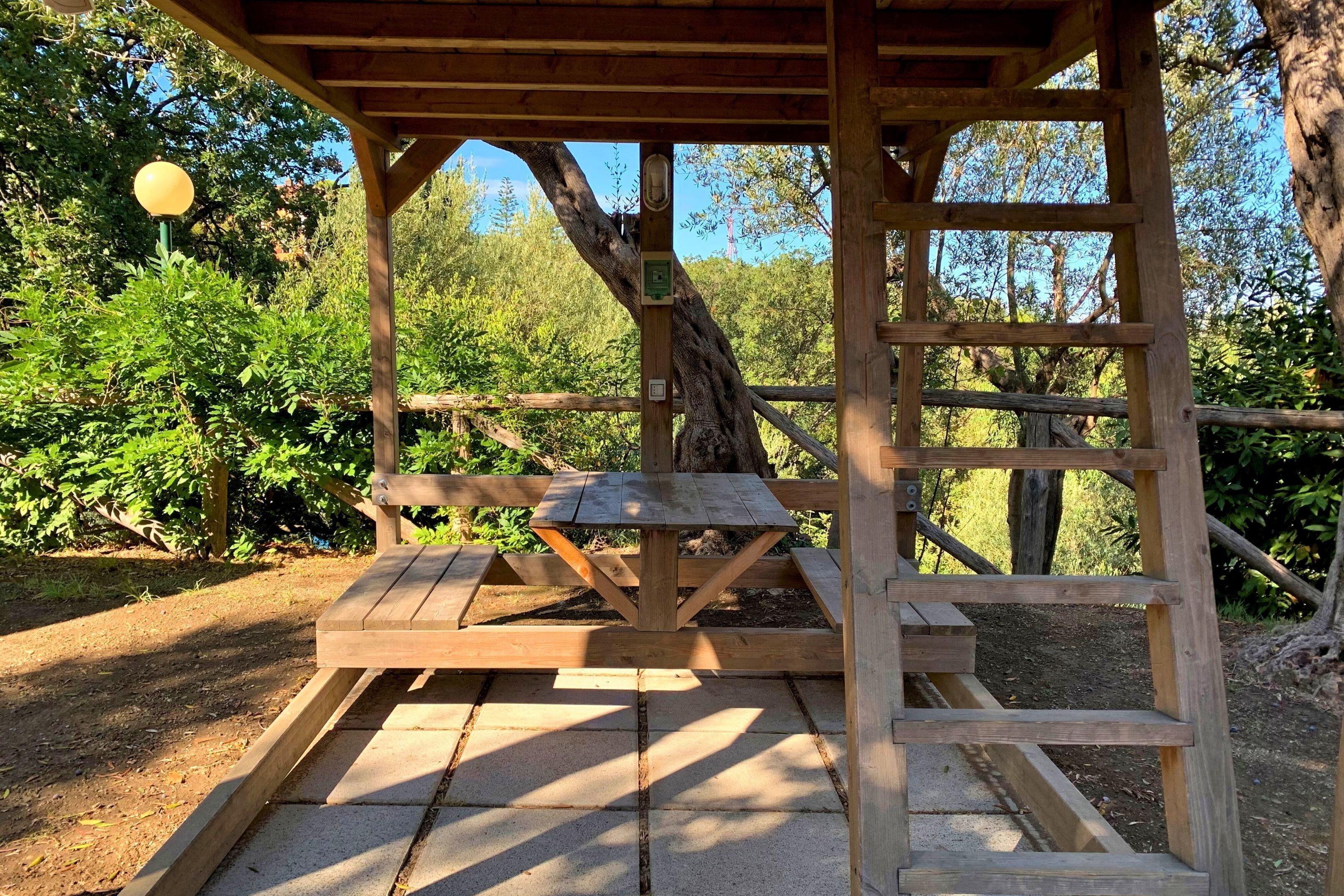 Una mesa de picnic de madera bajo un refugio con el tronco de un árbol al fondo.