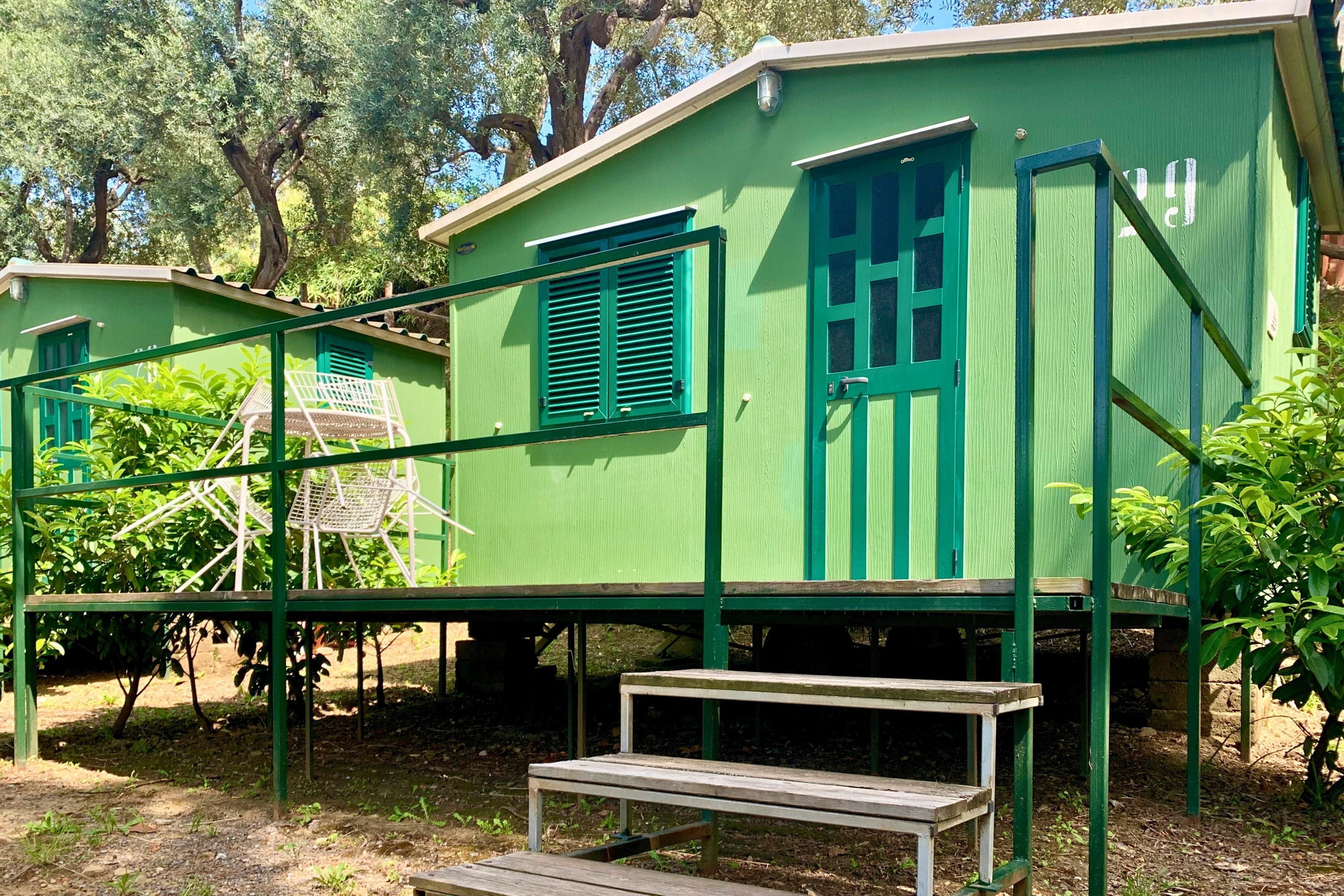 A green building with a door and windows, a bench, and a small table.