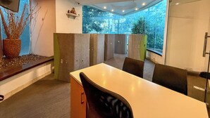 A modern conference room with a long table, chairs, and a large window offering a view of trees. - C Suite - Lotus park (Bengaluru)