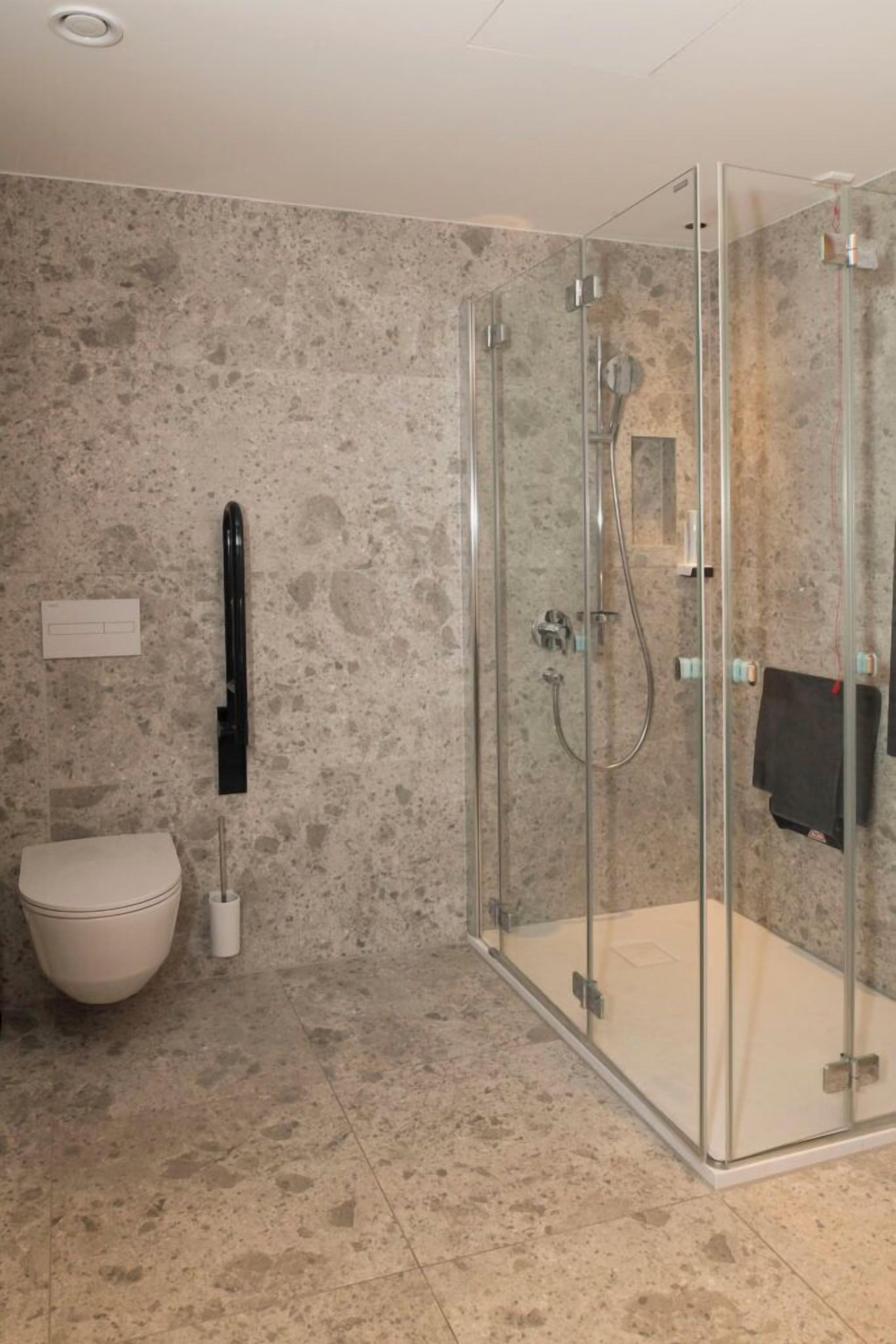 A bathroom with a glass-enclosed shower, a toilet, and a towel rack.