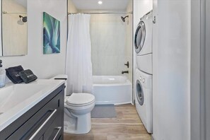 Shower, hair dryer, shampoo