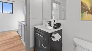 Shower, hair dryer, shampoo