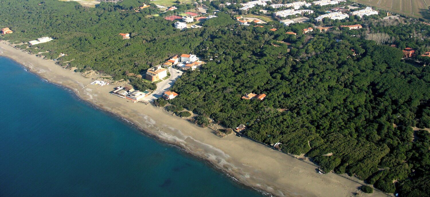 Vista aerea di una zona costiera con spiaggia, fitta foresta e edifici residenziali.