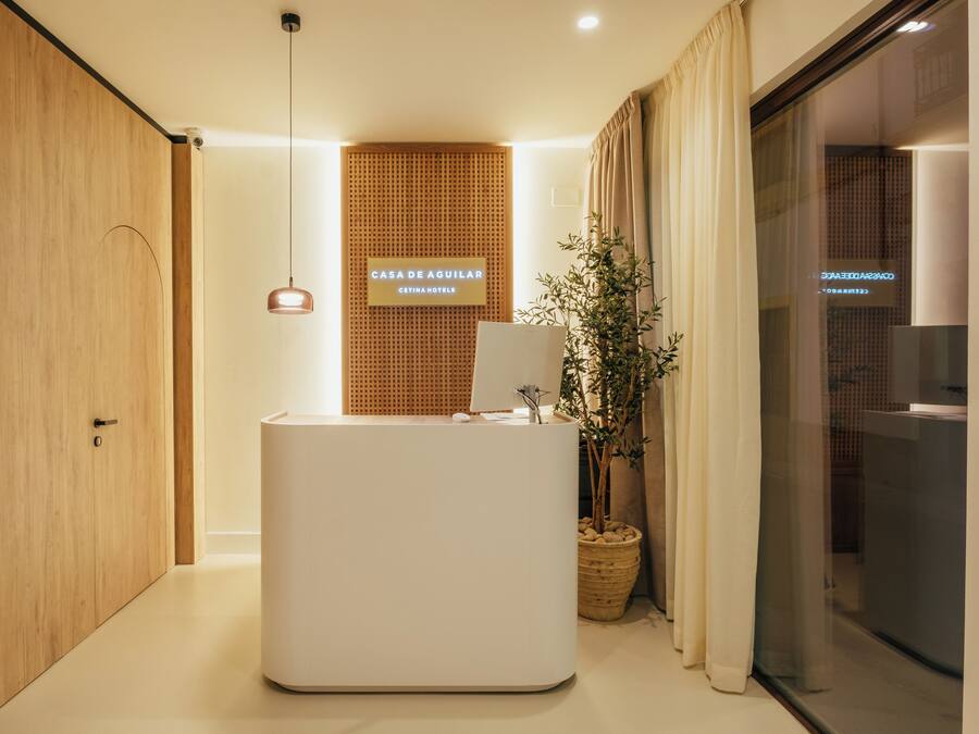 Un área de recepción moderna con un mostrador de madera, una planta en maceta y un letrero que dice "CASA DE AGUILAR CETINA HOTELS".