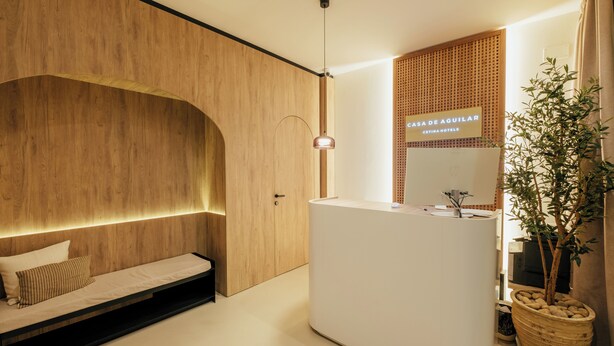 A modern hotel reception area with a wooden wall, a reception desk, a bench, and a potted plant. - Hotel Cetina Casa de Aguilar (Córdoba)