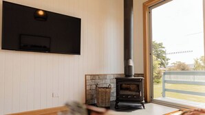Una camera accogliente con camino, televisione a parete e vista sull'esterno.