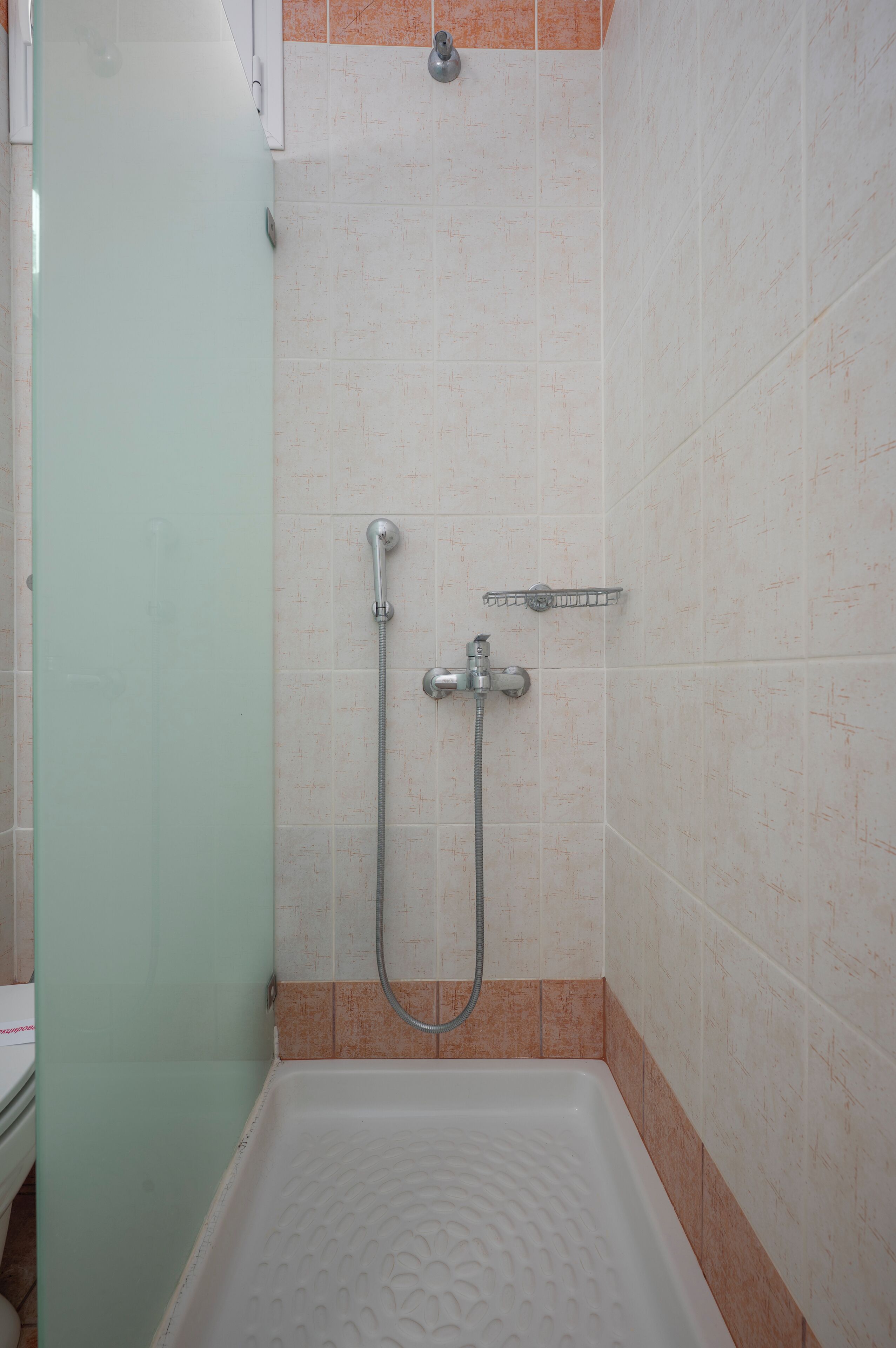 A shower area with a glass door, a handheld showerhead, and a wall-mounted faucet.