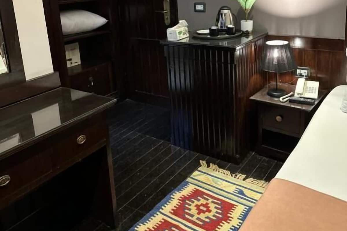 A hotel room with a dark wood wardrobe, a desk, a nightstand with a lamp, a telephone, and a small potted plant.