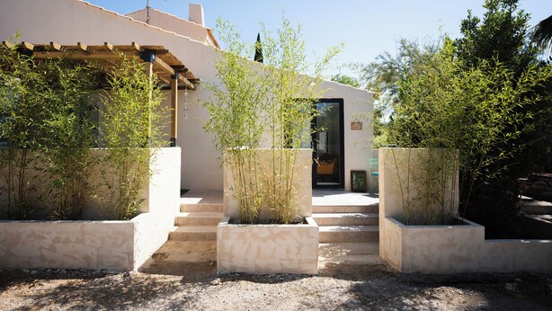 A modern building with a flat roof, a covered entrance, and a small garden with bamboo plants in rectangular planters. - La Bastide Bleue La Ciotat (La Ciotat)