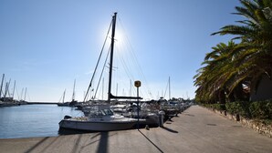 A marina with multiple boats docked, a clear sky, and a stone wall with palm trees on the right. - Casa Ortensia (Budoni)