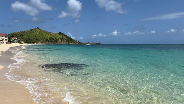 A beach with clear turquoise water, a sandy shore, and a green hill in the background. - Modern apartment in beachfront residence - hill view (Grand-Case)