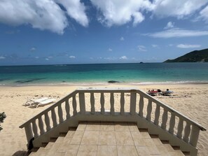 On the beach, sun-loungers, beach towels