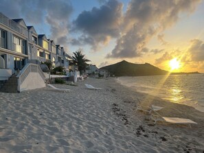 On the beach, sun-loungers, beach towels