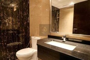 Hair dryer, towels, soap, toilet paper