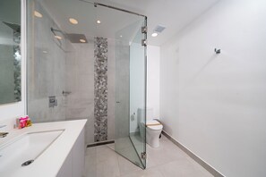 Dusche, Haartrockner, Handtücher, Seife