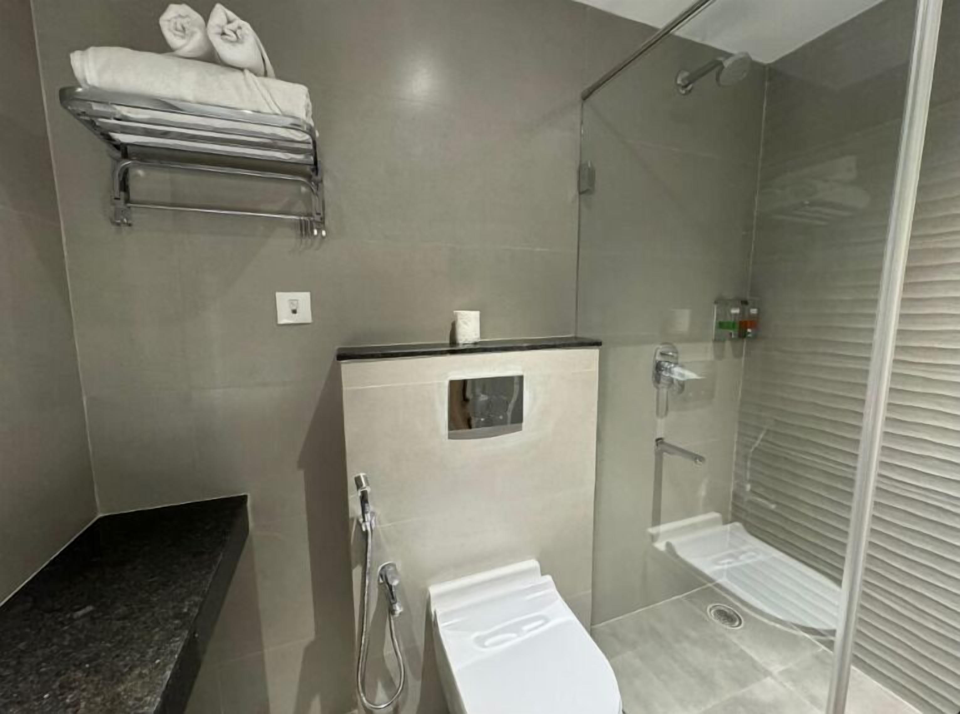 Un baño moderno con cabina de ducha de vidrio, un perchero y un inodoro.