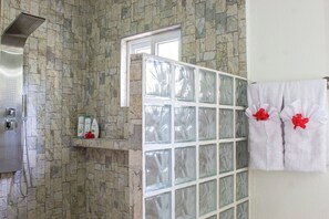 Dusche, Haartrockner, Handtücher, Seife