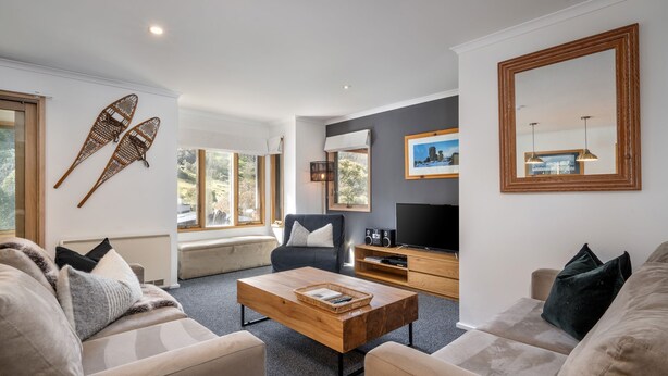 A modern living room with a sofa, a coffee table, a TV, and a bookshelf. There are two windows providing natural light and a view of greenery outside.
