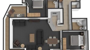 Distribución de un apartamento de dos habitaciones con sala de estar, comedor, cocina, baño y un pequeño balcón.