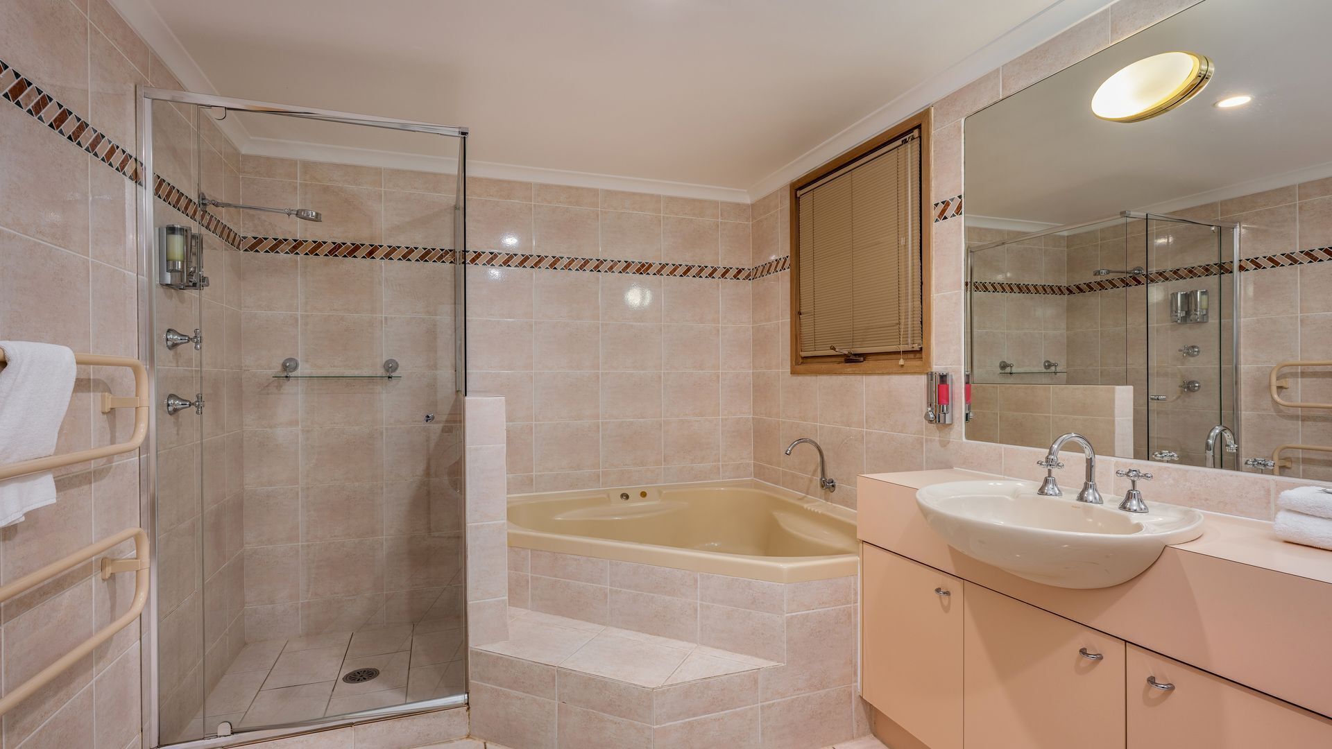 Shower, jetted tub, hair dryer, towels