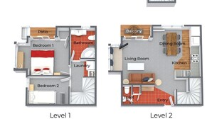 Trois niveaux d’un immeuble à plusieurs étages, chacun ayant une configuration distincte : le niveau 1 comprend un patio, deux chambres, une salle de bain et un espace buanderie ; le niveau 2 offre un balcon, un salon, une salle à manger, une cuisine et un hall d’entrée ; le niveau 3 comprend une chambre en mezzanine et une salle de bain.