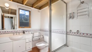 Une salle de bain avec douche, toilettes et lavabo.