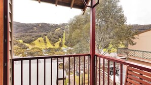 A balcony with a view of a hilly landscape, a wooden railing, and a stone pathway leading to a dock. - Banjo 5 - Two Bedroom & Loft Townhouse with mountain views (Thredbo)