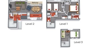 Een hotelplattegrond met drie niveaus, voorzien van een balkon, eetkamer, woonkamer, keuken en meerdere slaapkamers.