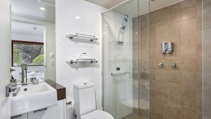 Shower, hair dryer, towels