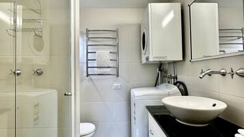 Shower, hair dryer, towels