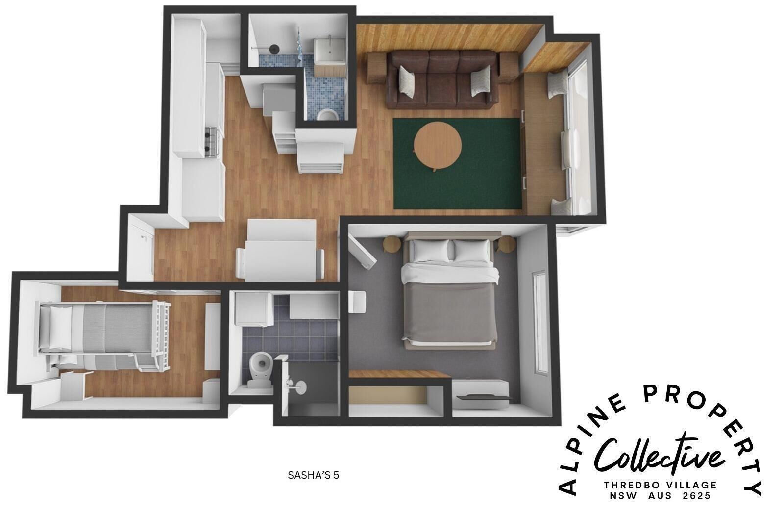 A 5-room apartment layout with a bathroom, kitchen, living area, and two bedrooms.