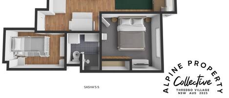 A 5-room apartment layout with a bathroom, kitchen, living area, and two bedrooms.