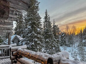 A log cabin with a snow-covered deck and a view of snow-covered trees. - Villa rokova by Interhome (Kuusamo)