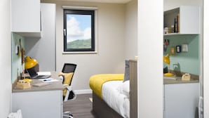 Une chambre à coucher avec un lit, un bureau avec un ordinateur portable, une chaise, une fenêtre donnant sur une colline et une bibliothèque.