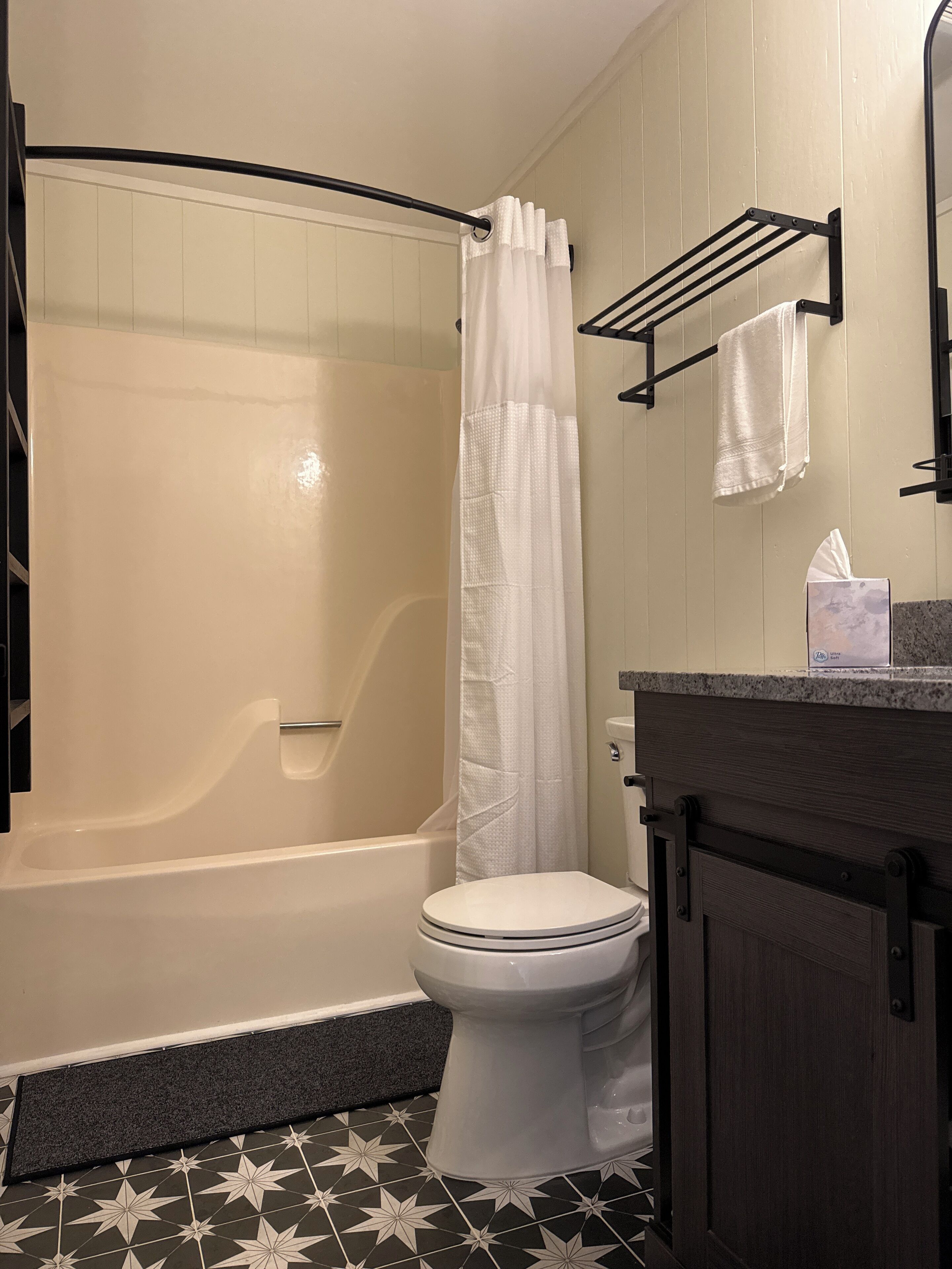 Hair dryer, towels, soap, toilet paper