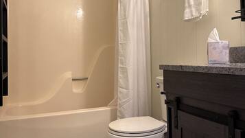 Hair dryer, towels, soap, toilet paper