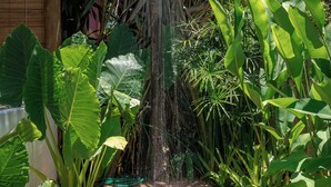 A garden with a water feature, lush greenery, and a wooden structure. - Nossa Villa Caraiva (Porto Seguro)