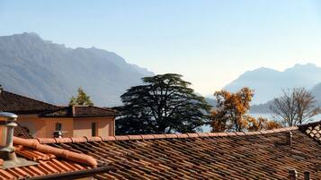 A traditional building with terracotta tiled roofs, a large tree in the foreground, and mountains in the background.