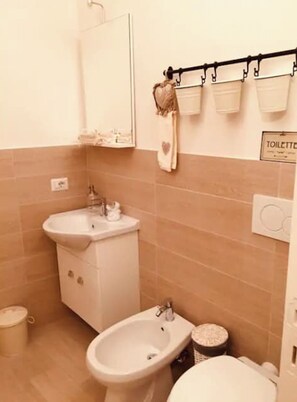 Dusj, bidé, håndklær og toalettpapir