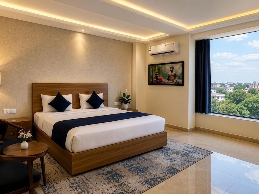 Habitación de hotel moderna con una cama grande, un escritorio, una silla, una planta en maceta, aire acondicionado y vistas a la ciudad.